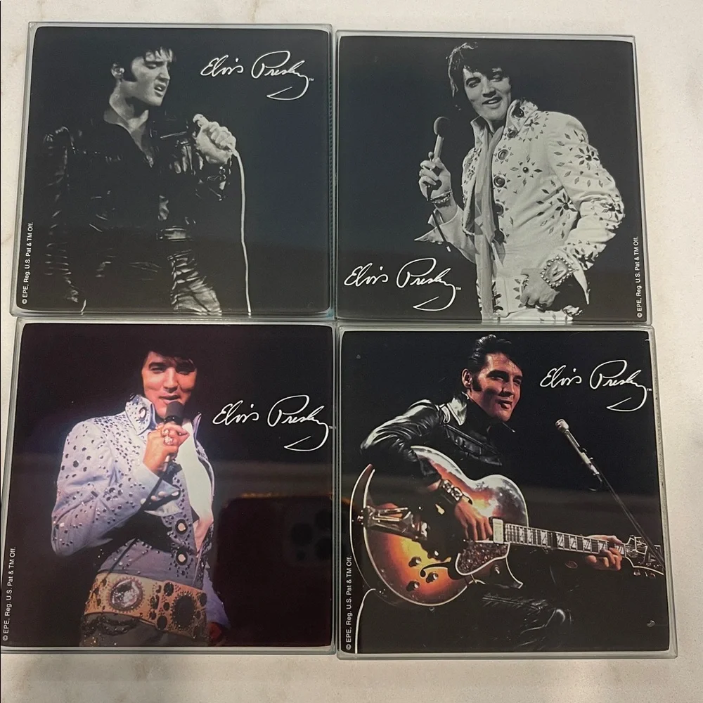 Elvis Presley Glass Coaster Collection ~ Set of 4 different images 4 x 4”